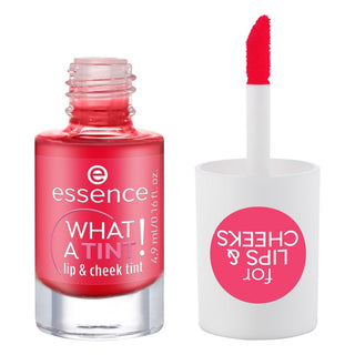 Essence lip and cheek tint bottle with applicator on a white background